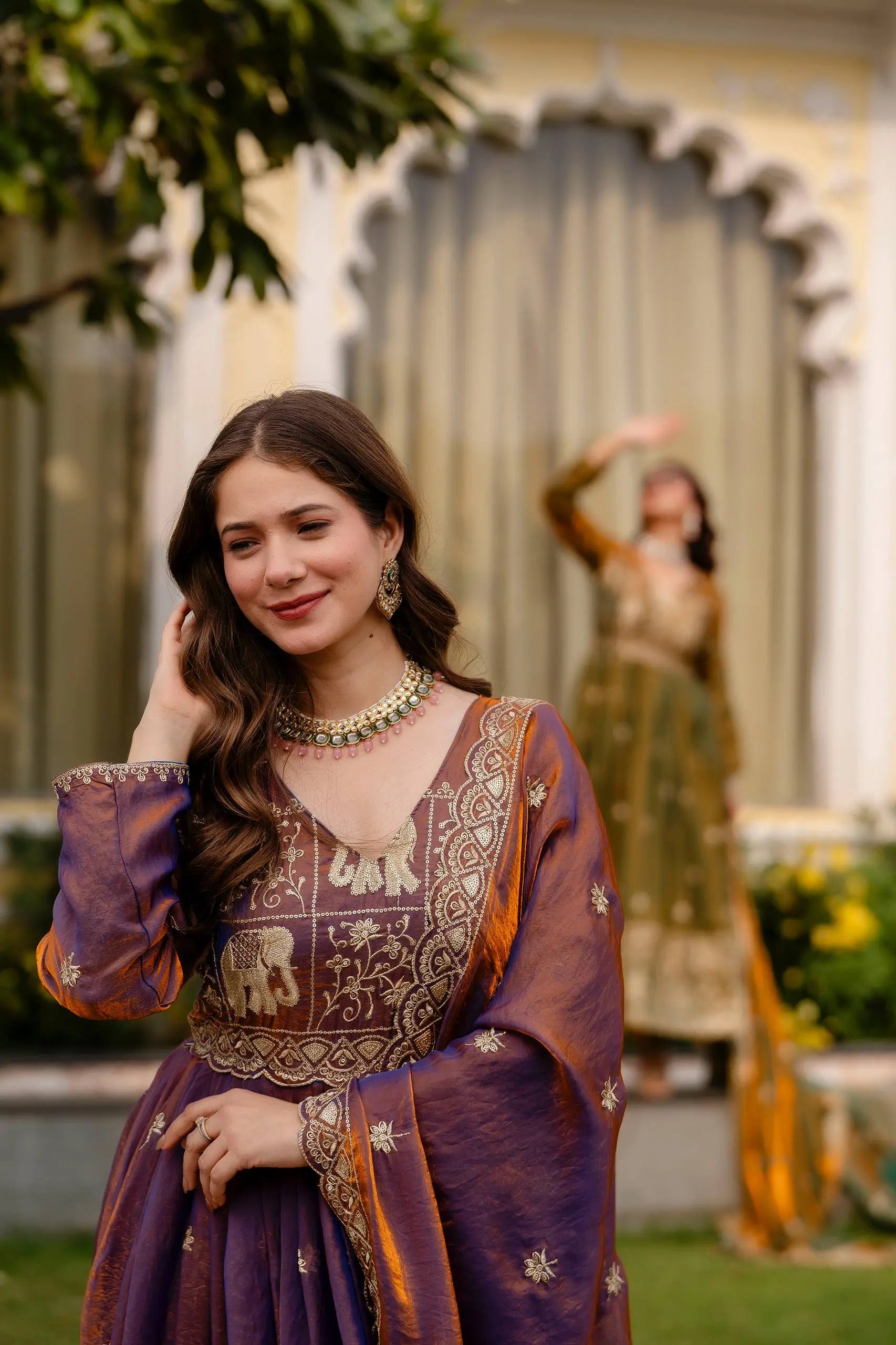 Dual Tone Embroidered Fendy Satin Flared Gown Set