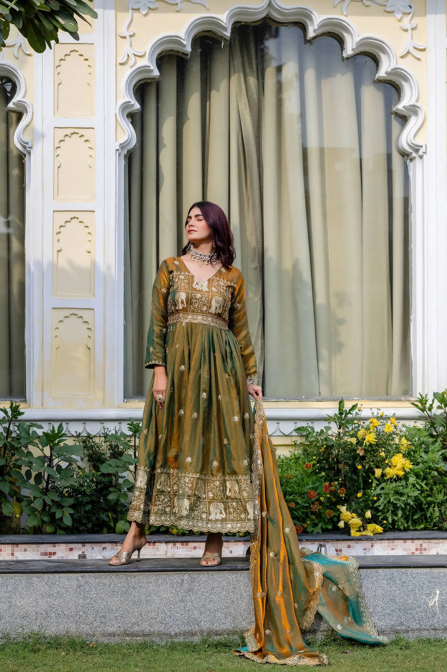 Dual Tone Embroidered Fendy Satin Flared Gown Set