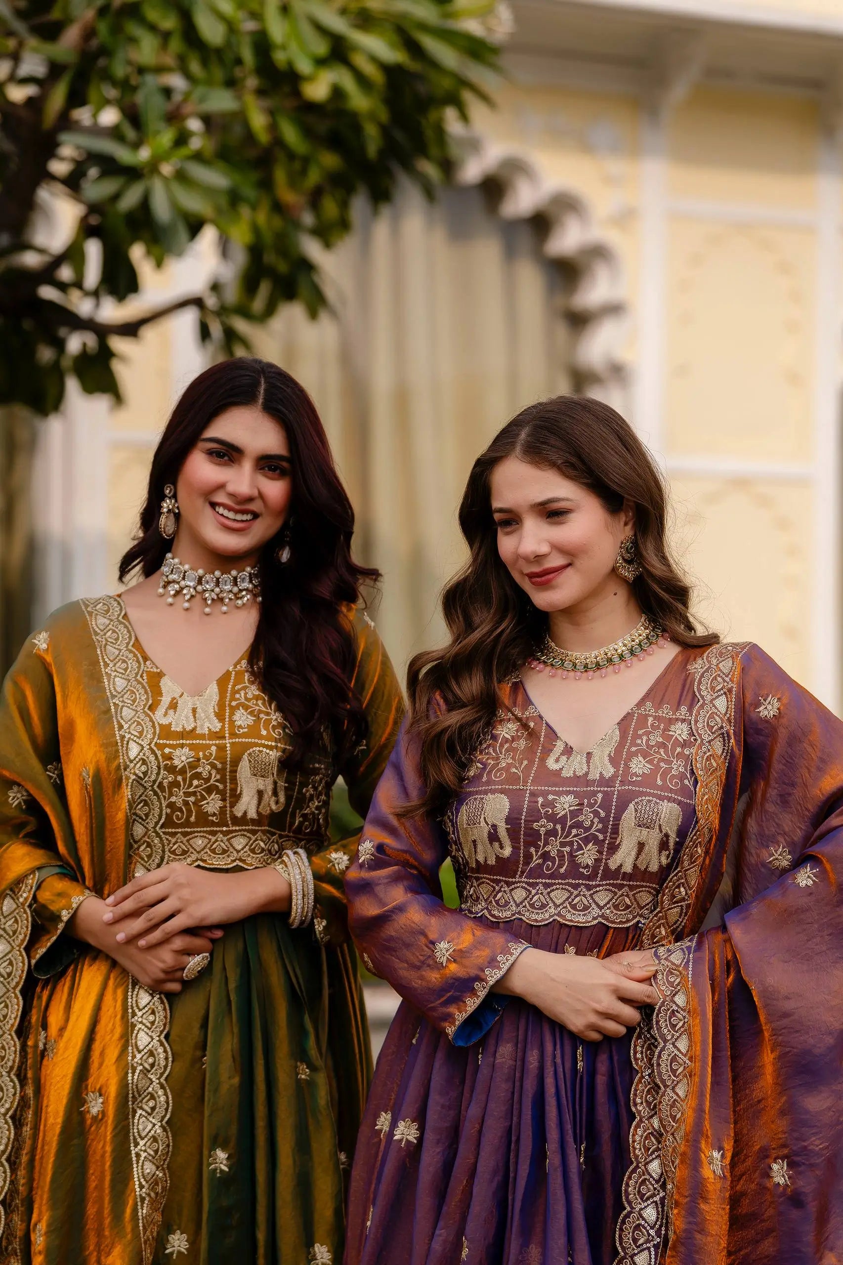 Dual Tone Embroidered Fendy Satin Flared Gown Set