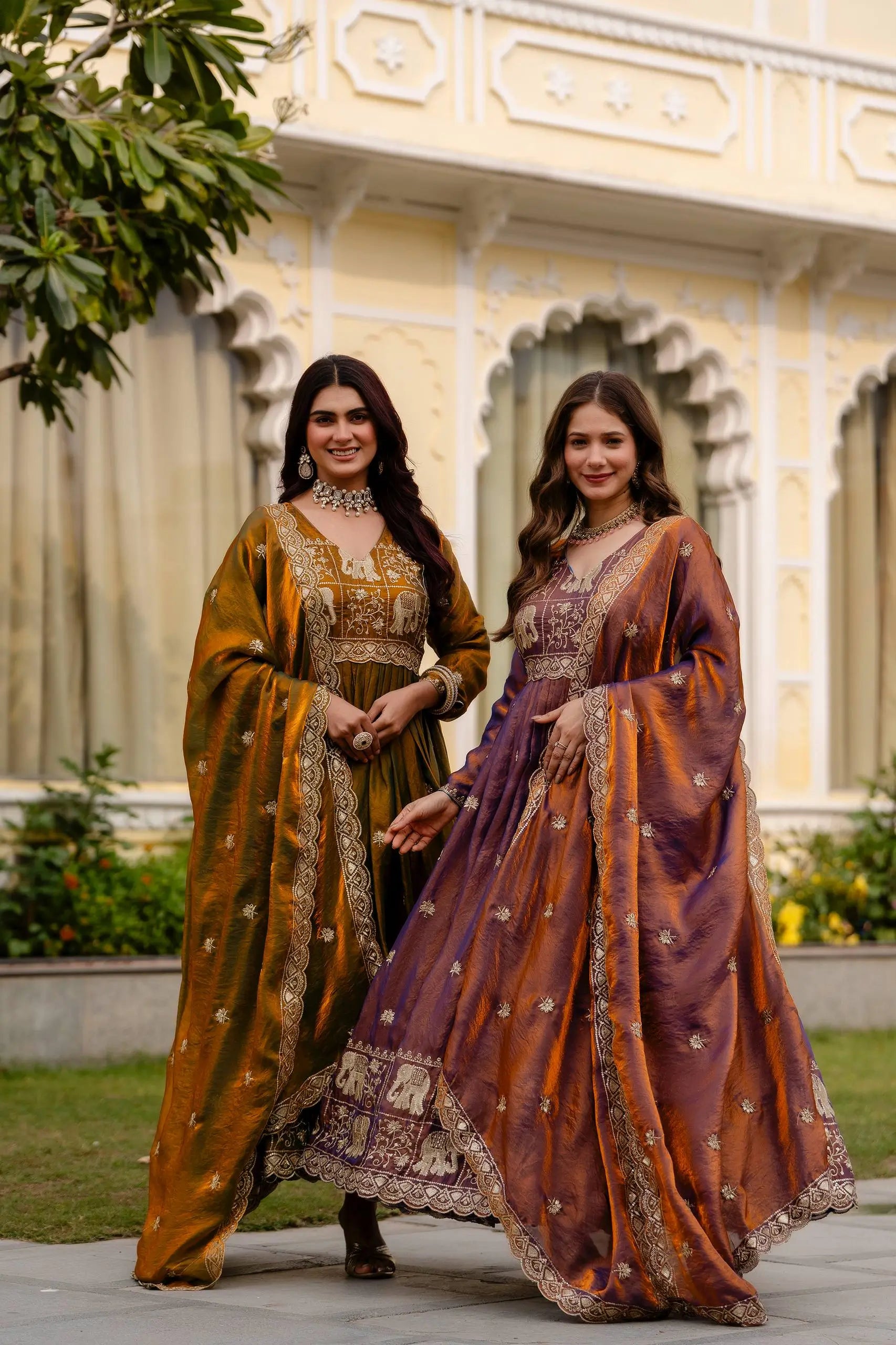 Dual Tone Embroidered Fendy Satin Flared Gown Set