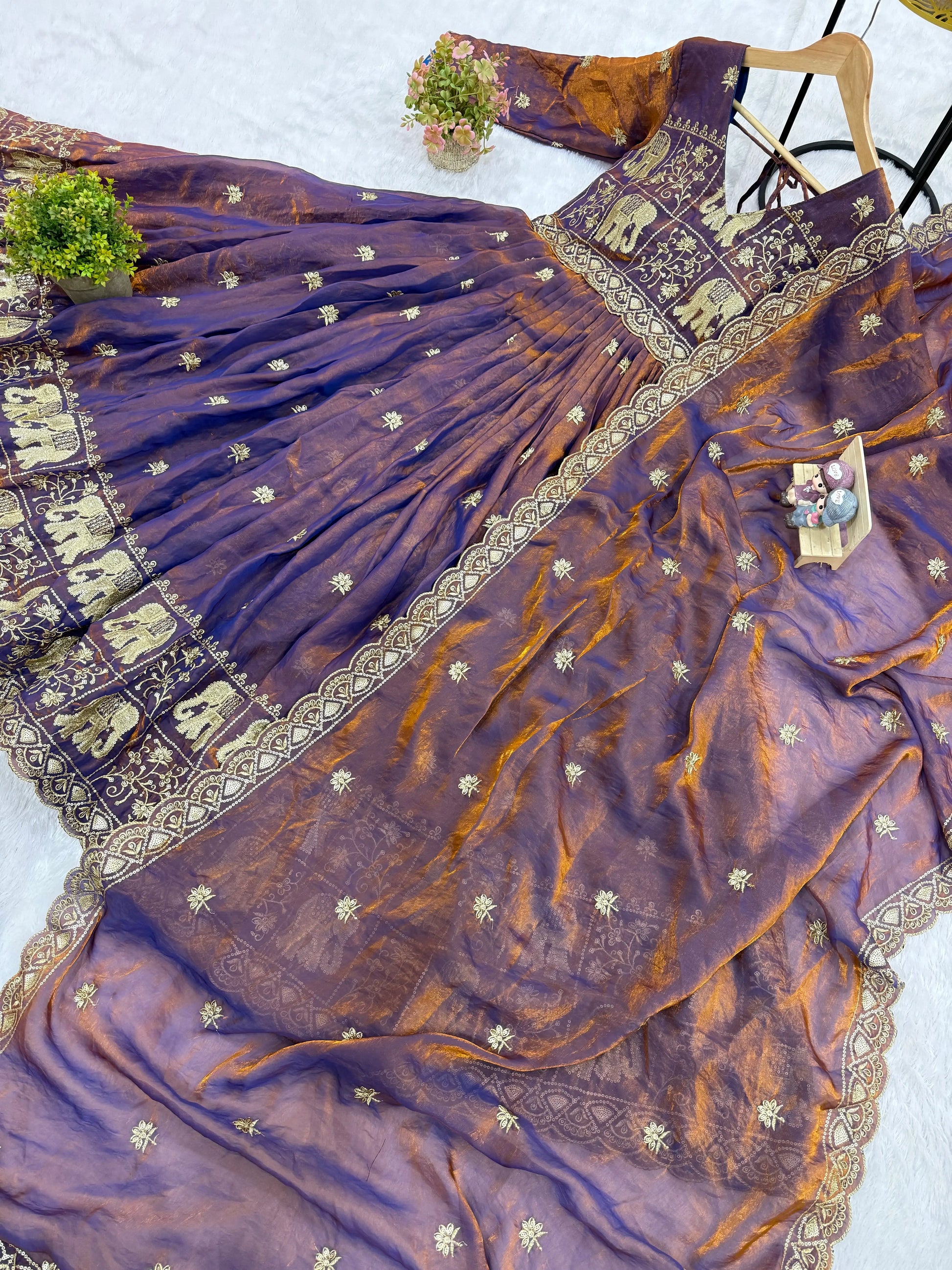 Dual Tone Embroidered Fendy Satin Flared Gown Set