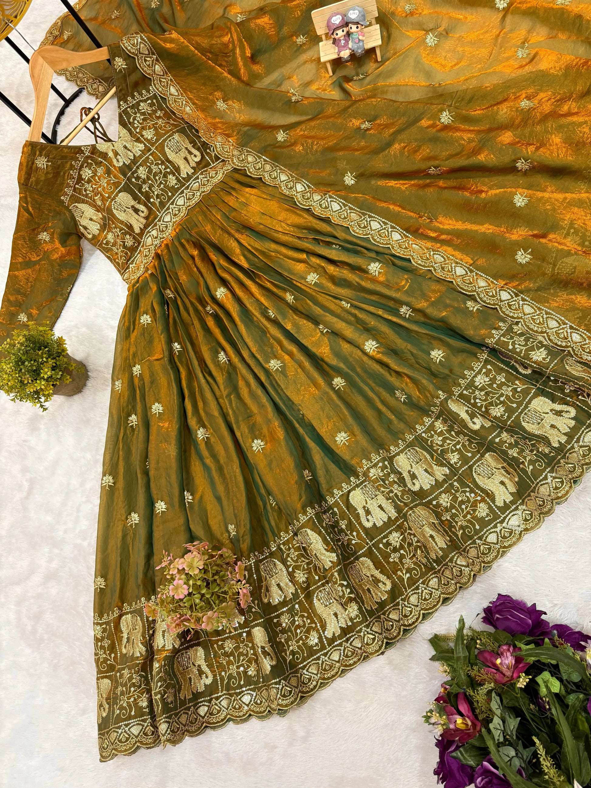 Dual Tone Embroidered Fendy Satin Flared Gown Set