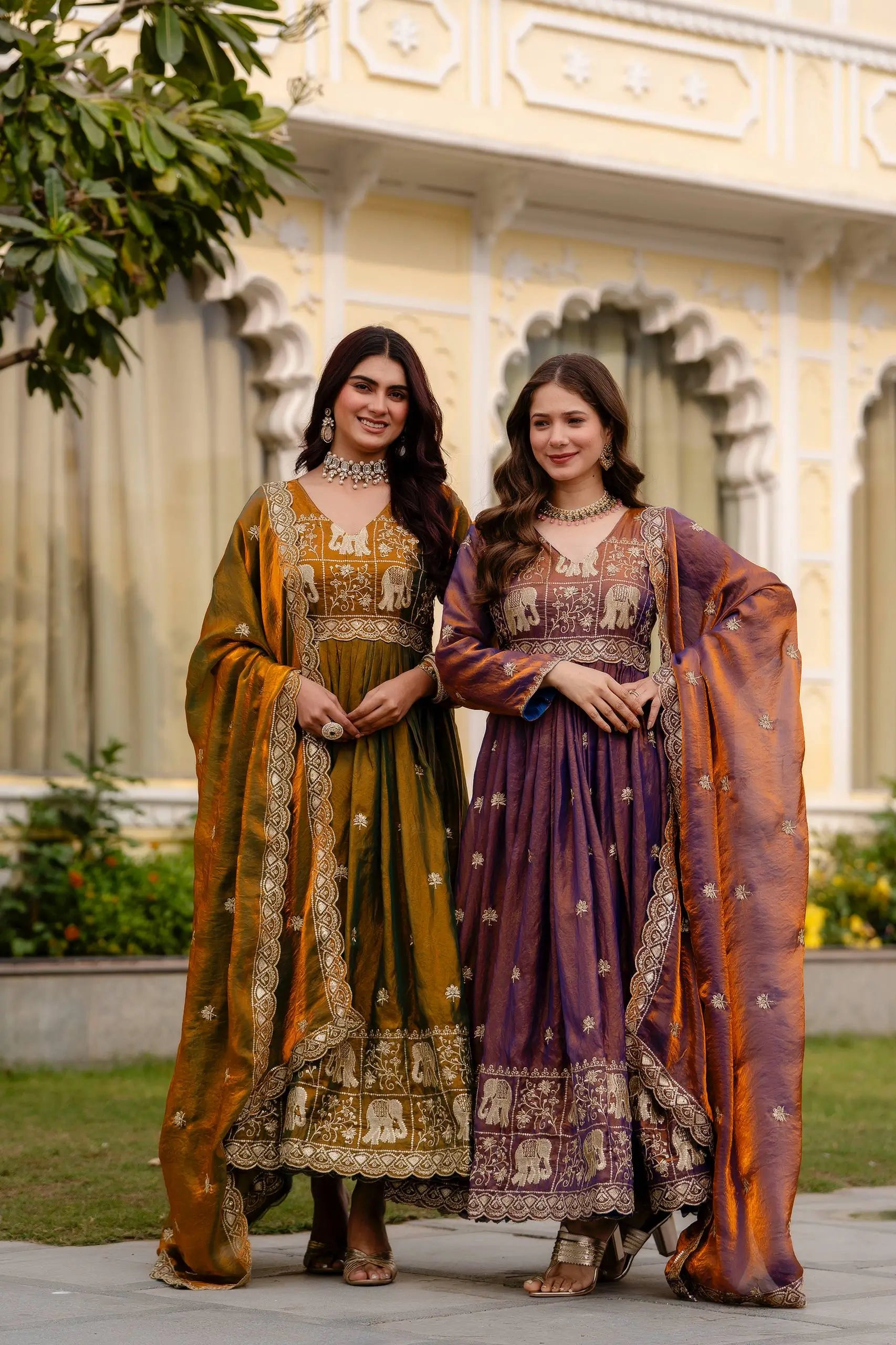 Dual Tone Embroidered Fendy Satin Flared Gown Set