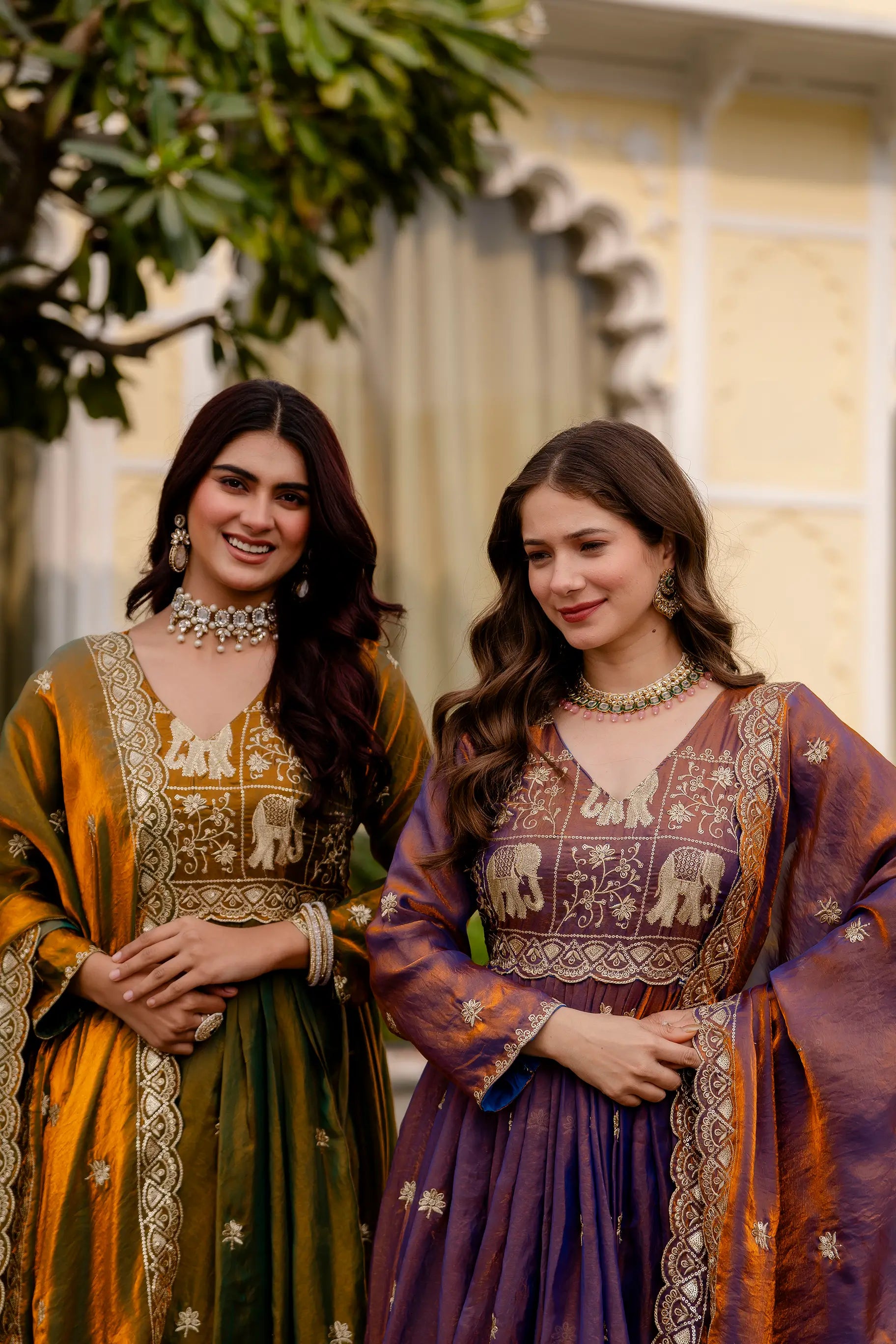 Dual Tone Embroidered Fendy Satin Flared Gown Set