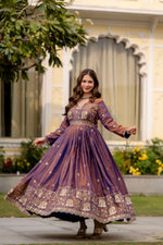 Dual Tone Embroidered Fendy Satin Flared Gown Set