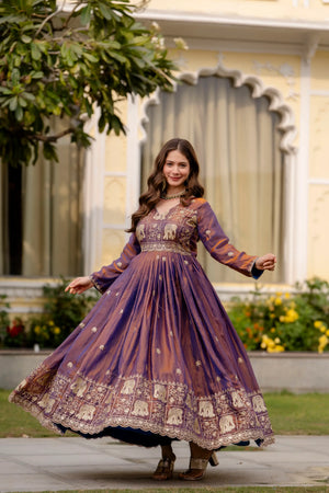 Dual Tone Embroidered Fendy Satin Flared Gown Set