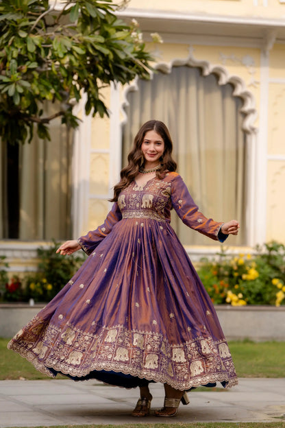 Dual Tone Embroidered Fendy Satin Flared Gown Set