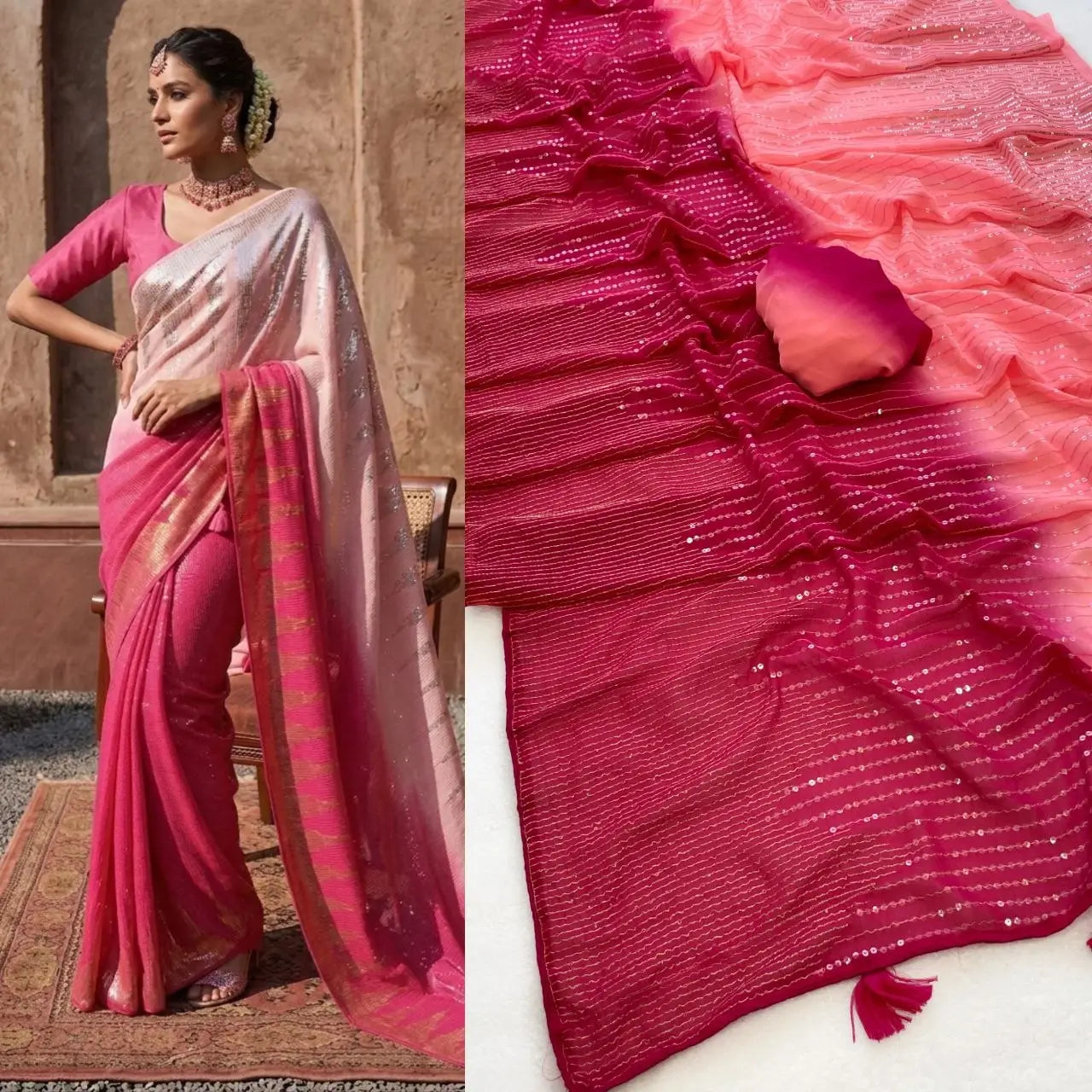 Dual Tone sequins work Party Wear Saree for Festive and Wedding Occasions