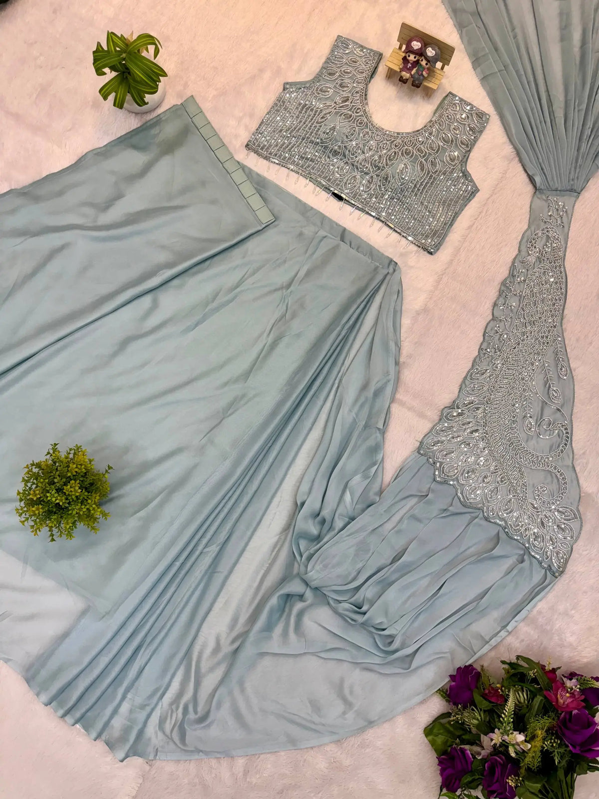 Dusty Blue Beadwork Saree