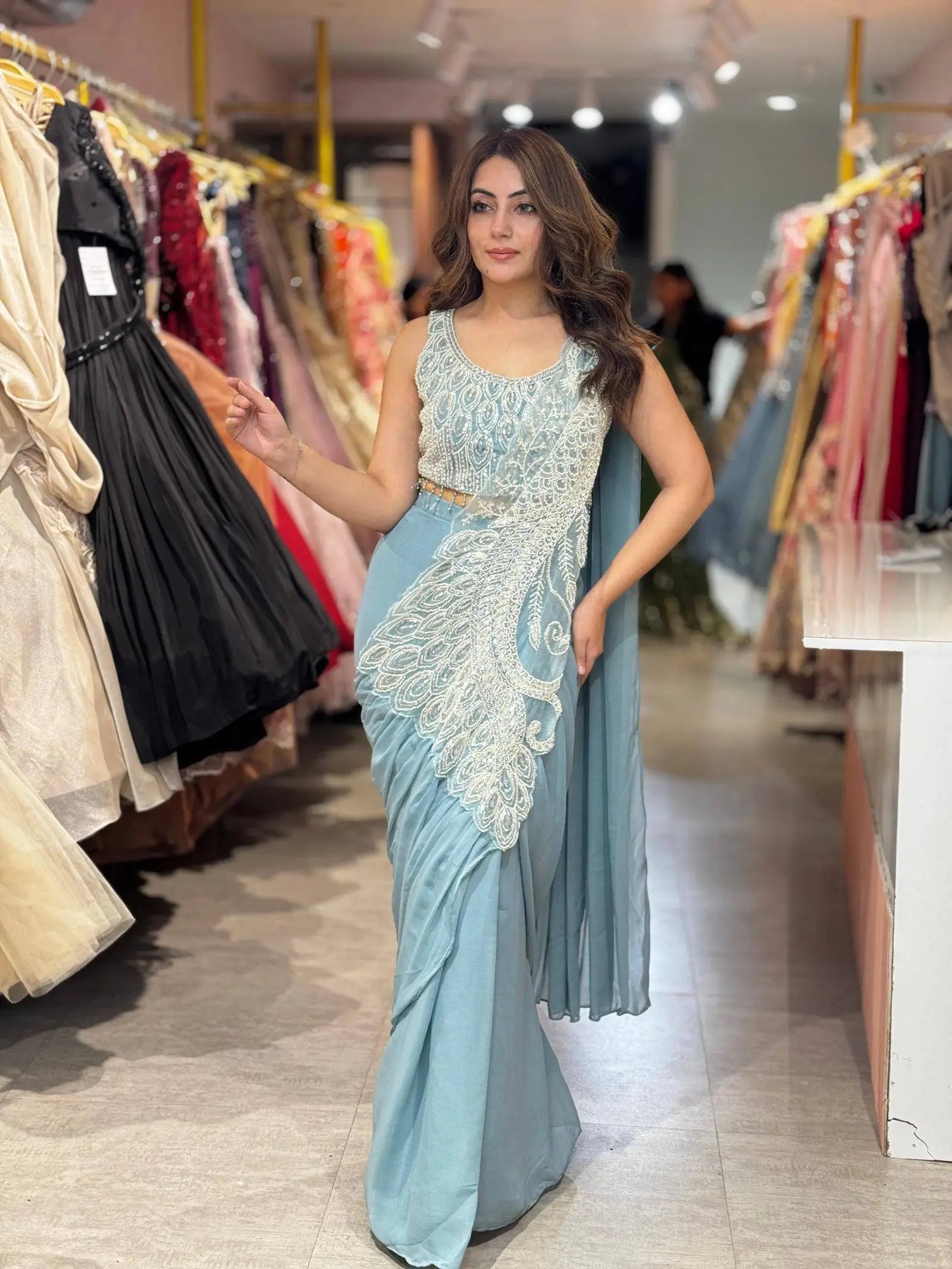 Dusty Blue Beadwork Saree