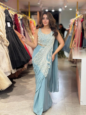 Dusty Blue Beadwork Saree