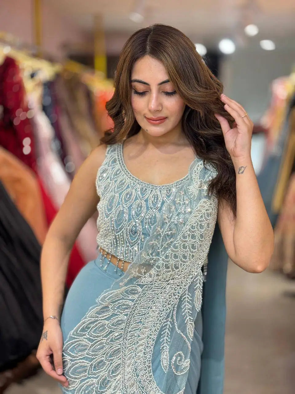 Dusty Blue Beadwork Saree