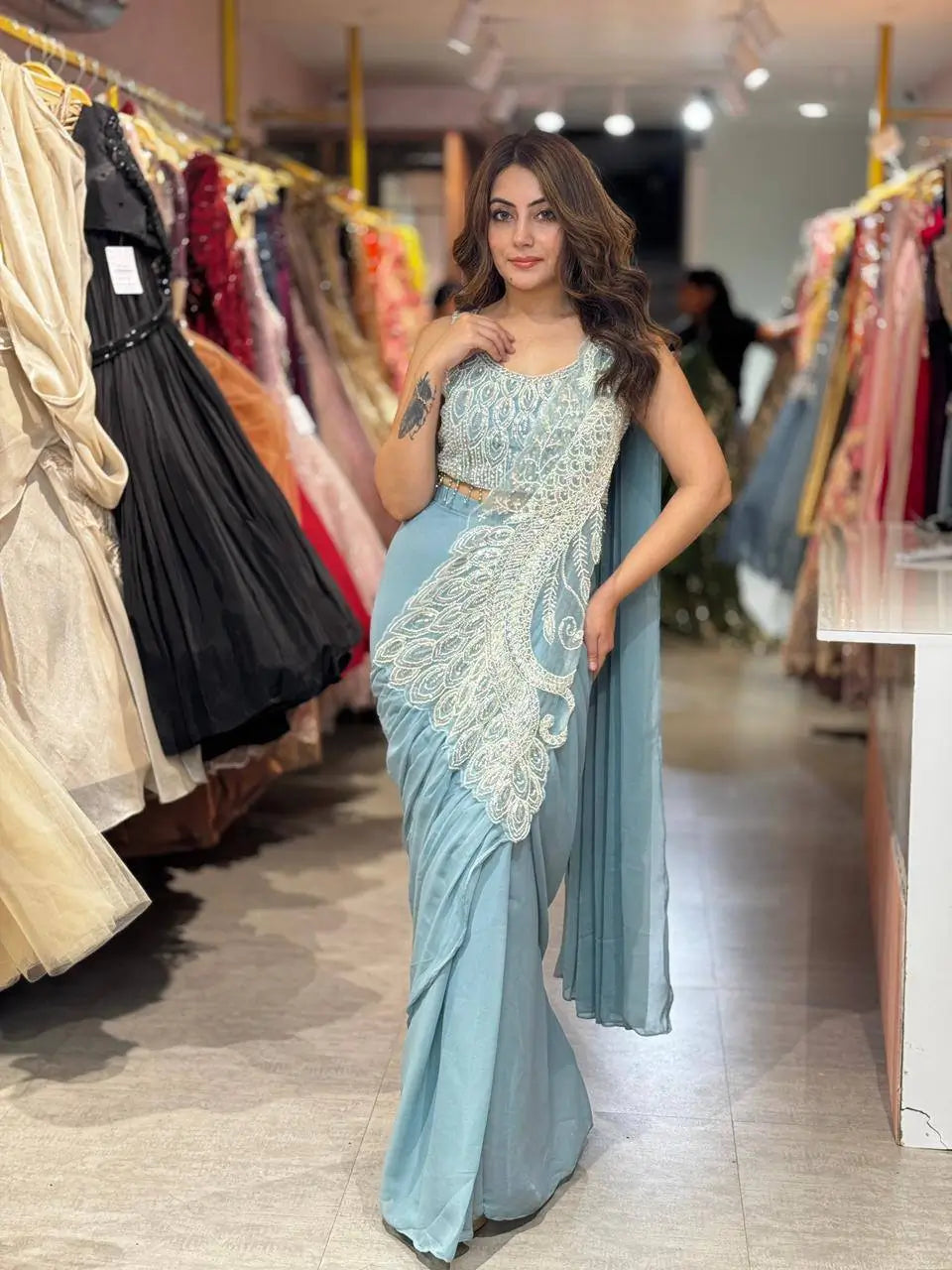 Dusty Blue Beadwork Saree