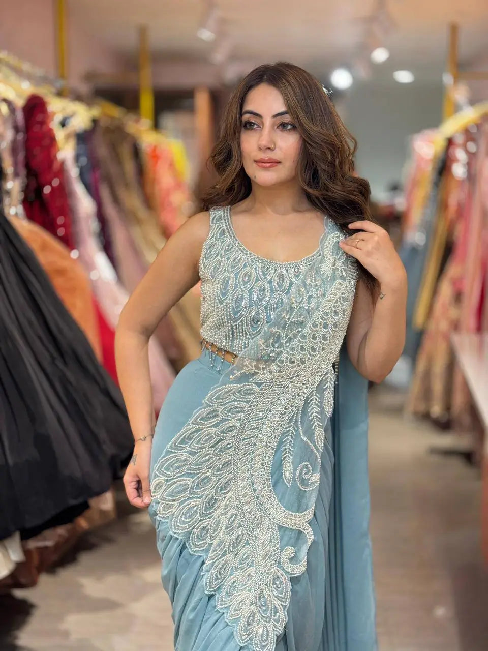 Dusty Blue Beadwork Saree