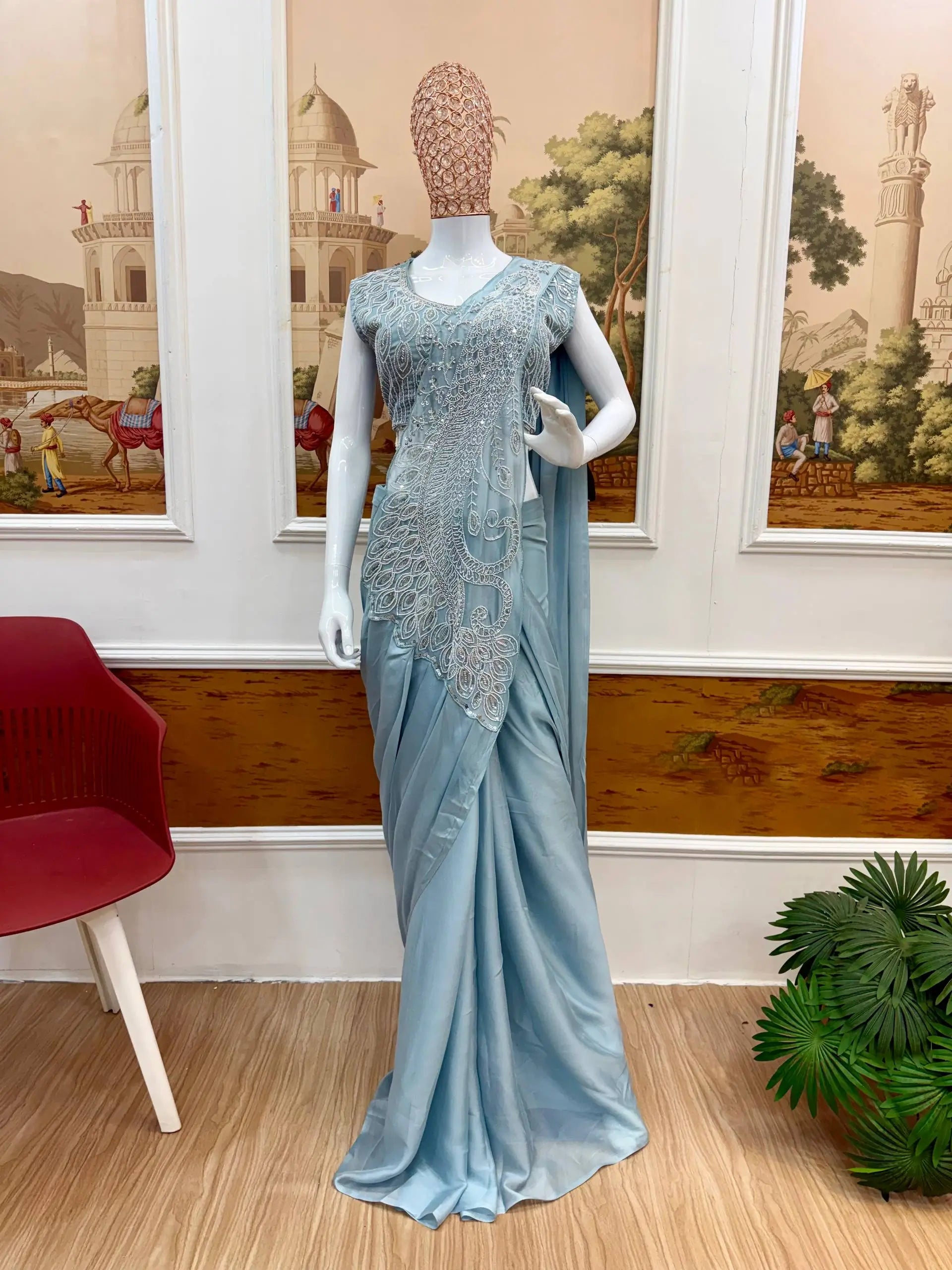 Dusty Blue Beadwork Saree