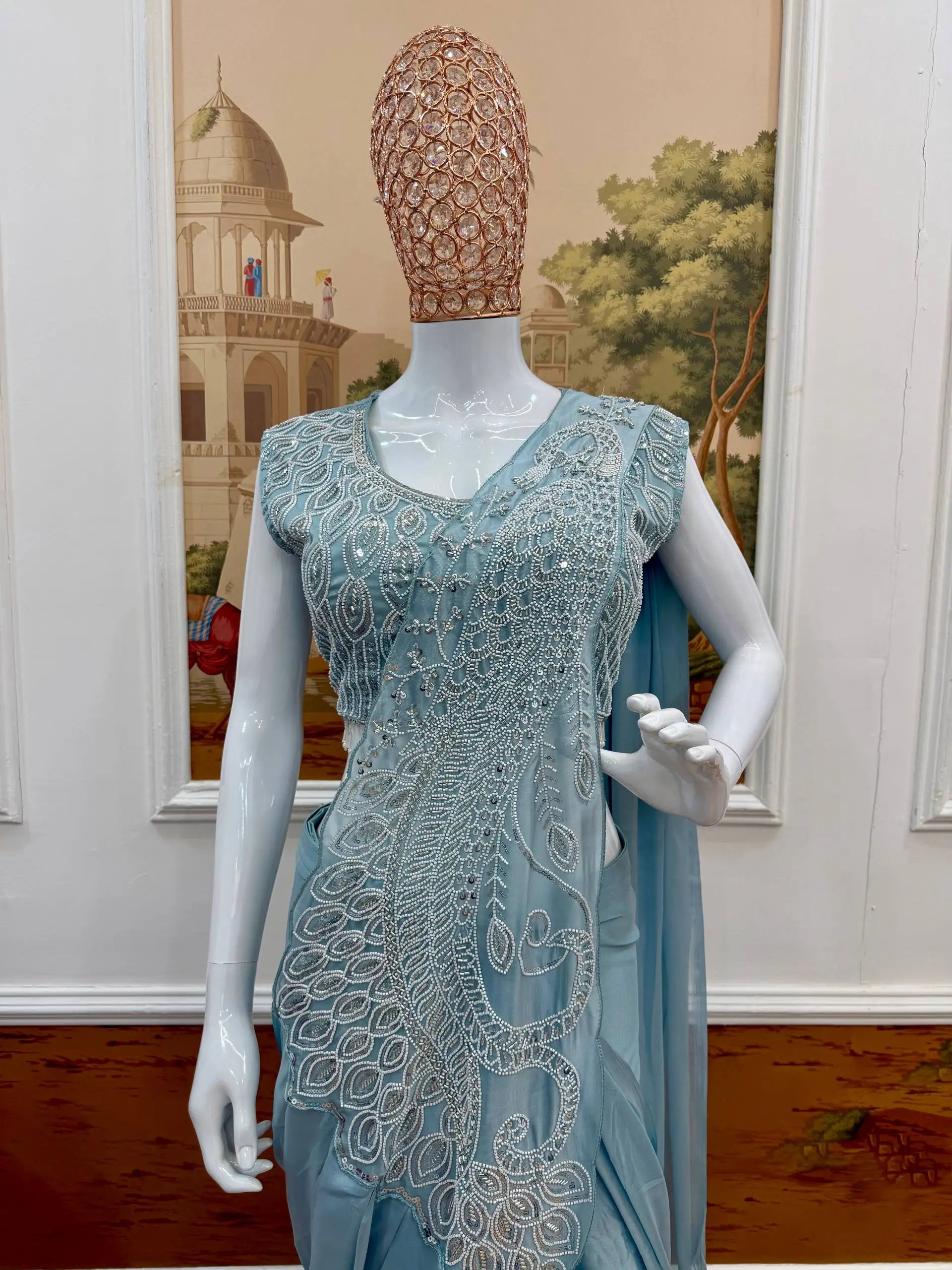 Dusty Blue Beadwork Saree