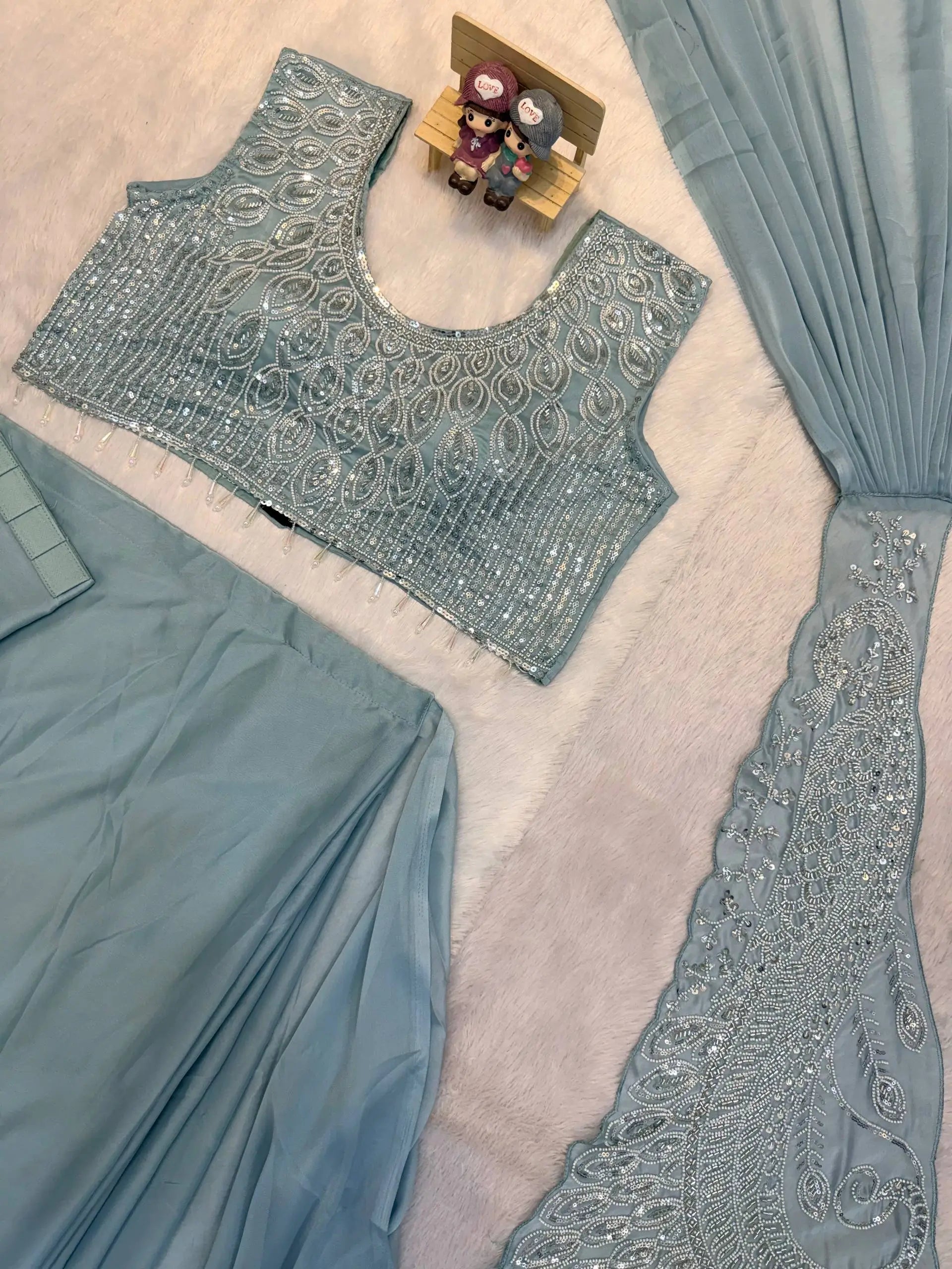 Dusty Blue Beadwork Saree
