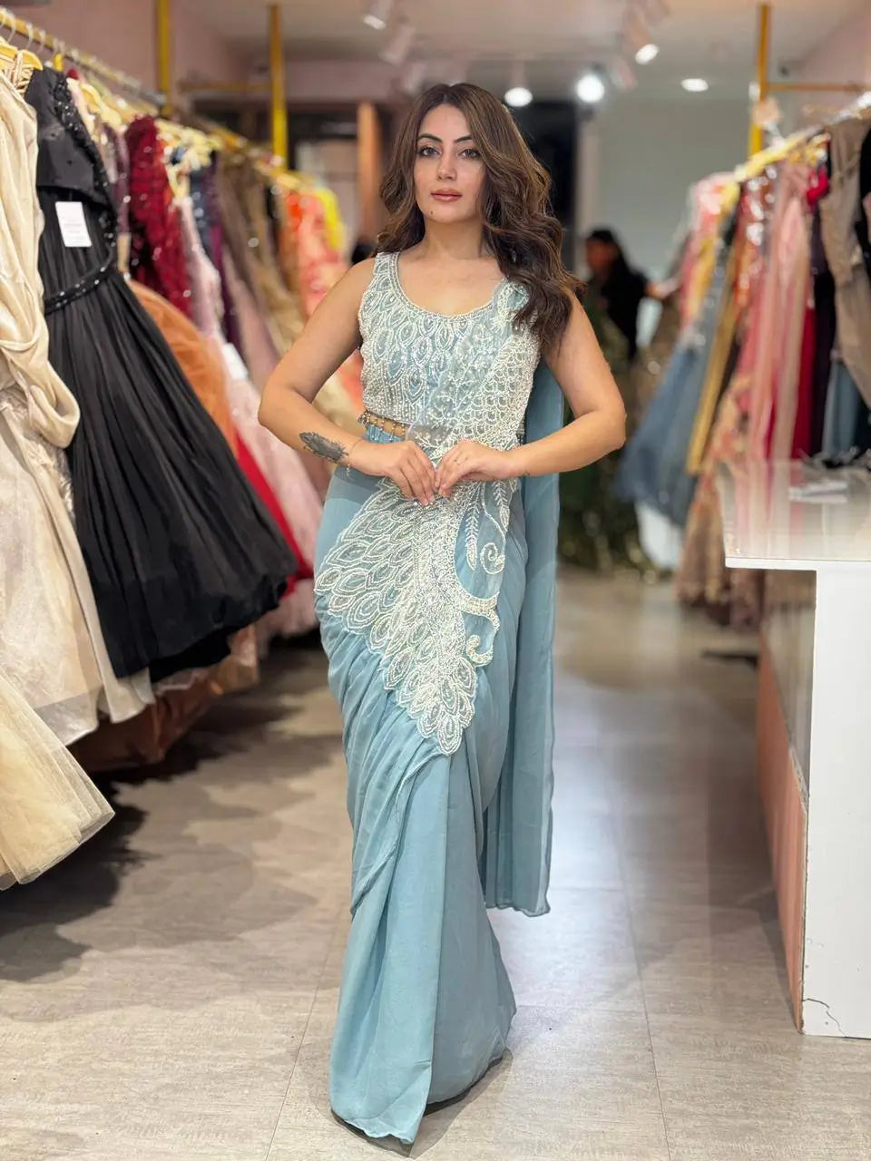 Dusty Blue Beadwork Saree