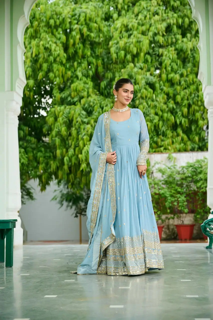 Dusty Pastel Faux Georgette Embroidered Gown with Dupatta