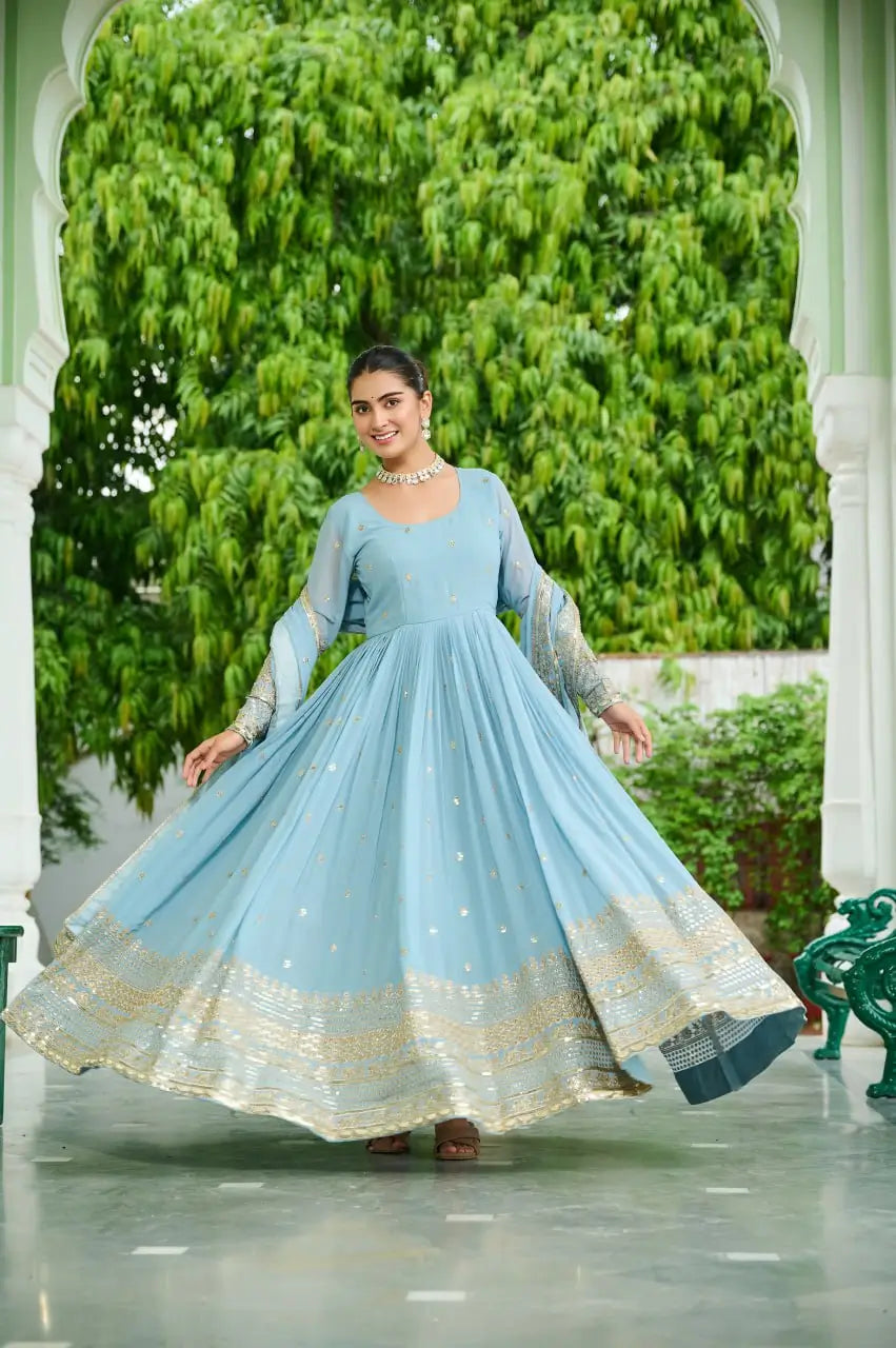 Dusty Pastel Faux Georgette Embroidered Gown with Dupatta
