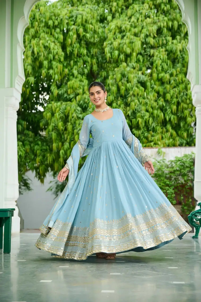 Dusty Pastel Faux Georgette Embroidered Gown with Dupatta