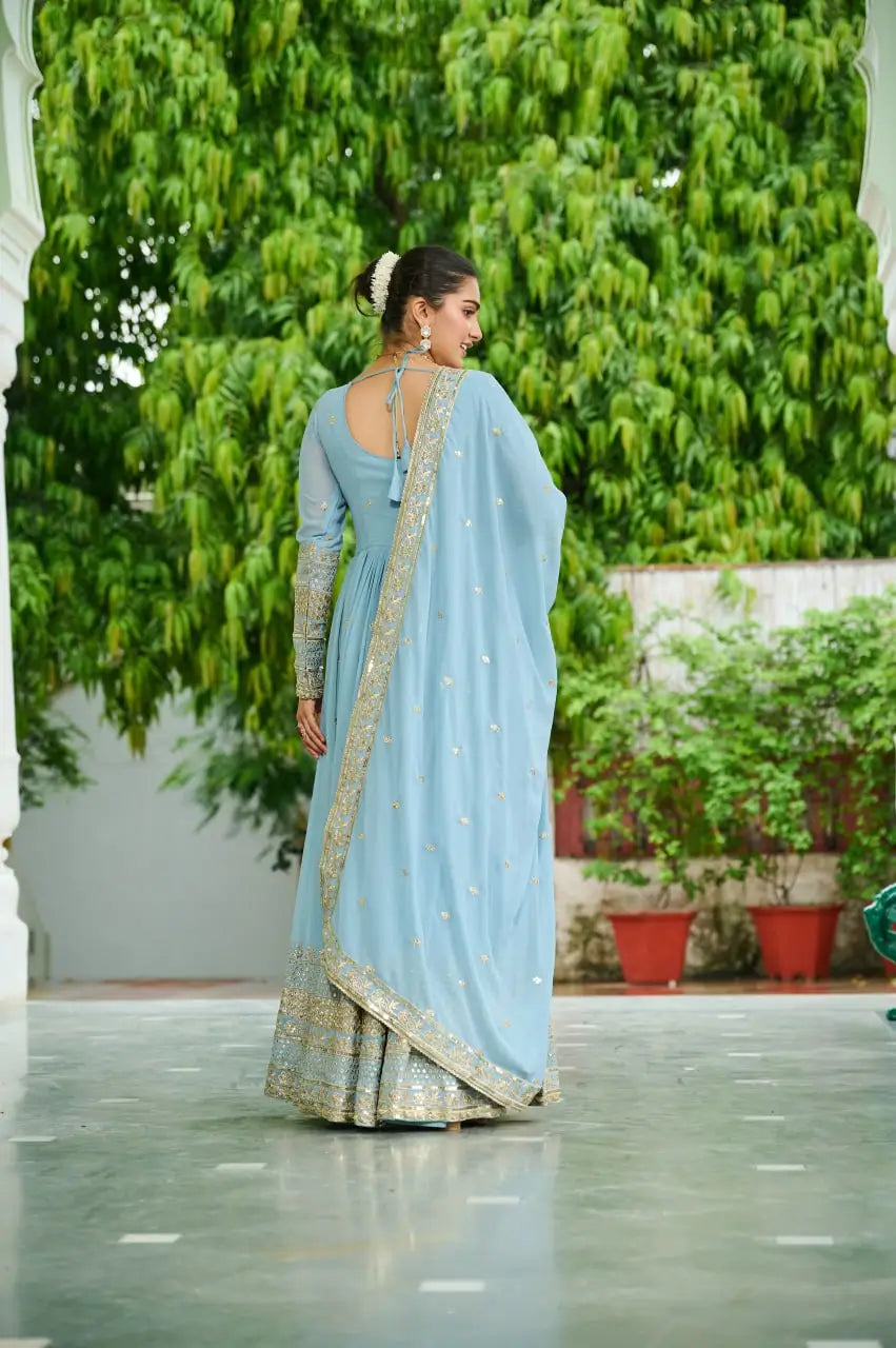 Dusty Pastel Faux Georgette Embroidered Gown with Dupatta