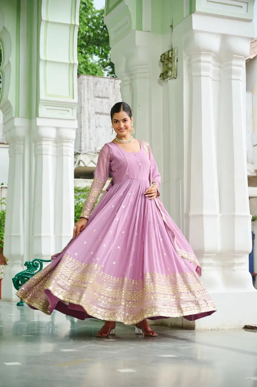 Dusty Pastel Faux Georgette Embroidered Gown with Dupatta