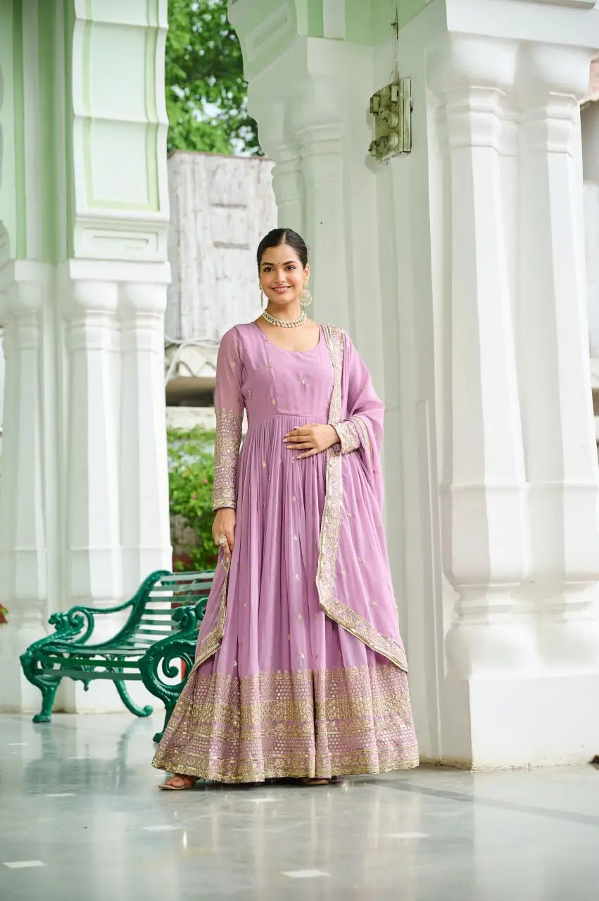 Dusty Pastel Faux Georgette Embroidered Gown with Dupatta
