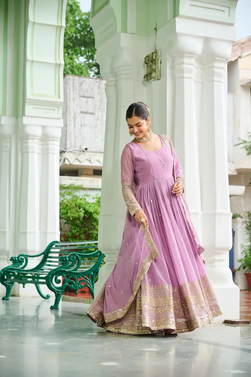 Dusty Pastel Faux Georgette Embroidered Gown with Dupatta