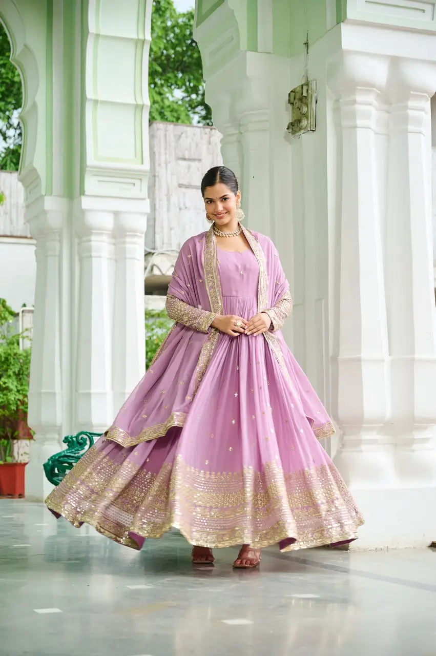 Dusty Pastel Faux Georgette Embroidered Gown with Dupatta