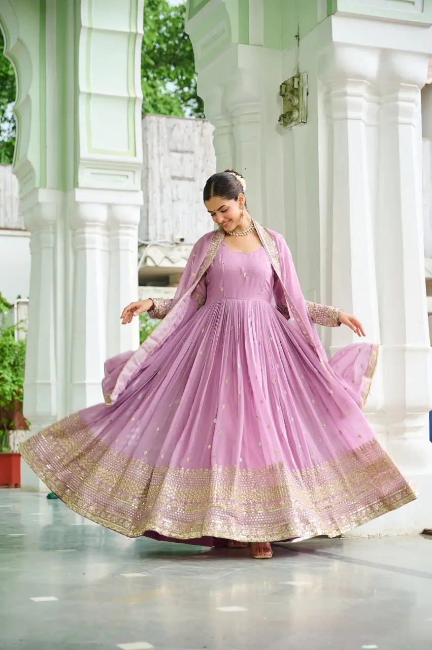 Dusty Pastel Faux Georgette Embroidered Gown with Dupatta