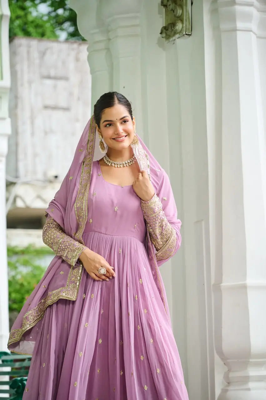 Dusty Pastel Faux Georgette Embroidered Gown with Dupatta