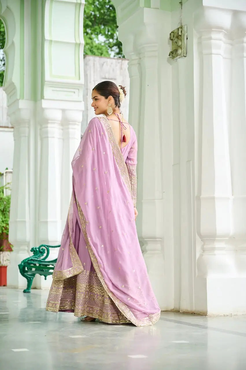 Dusty Pastel Faux Georgette Embroidered Gown with Dupatta