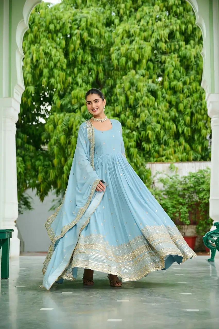 Dusty Pastel Faux Georgette Embroidered Gown with Dupatta