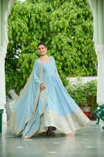 Dusty Pastel Faux Georgette Embroidered Gown with Dupatta