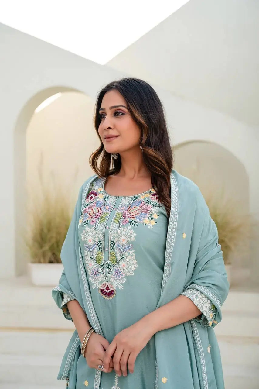 Dusty Pink & Lavender Chinon Embroidered Palazzo Suit Set with Zardosi Hand Work Dupatta