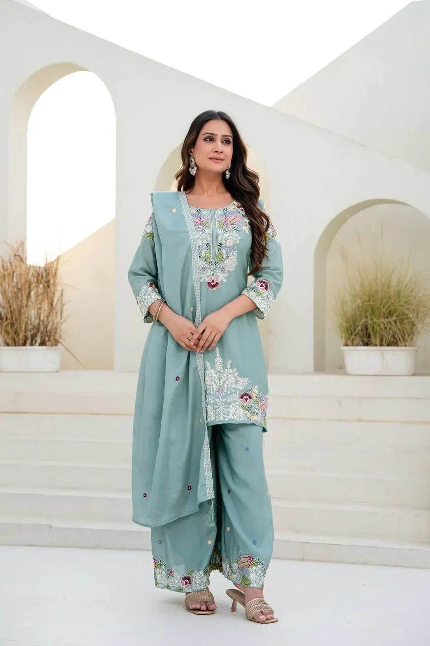 Dusty Pink & Lavender Chinon Embroidered Palazzo Suit Set with Zardosi Hand Work Dupatta