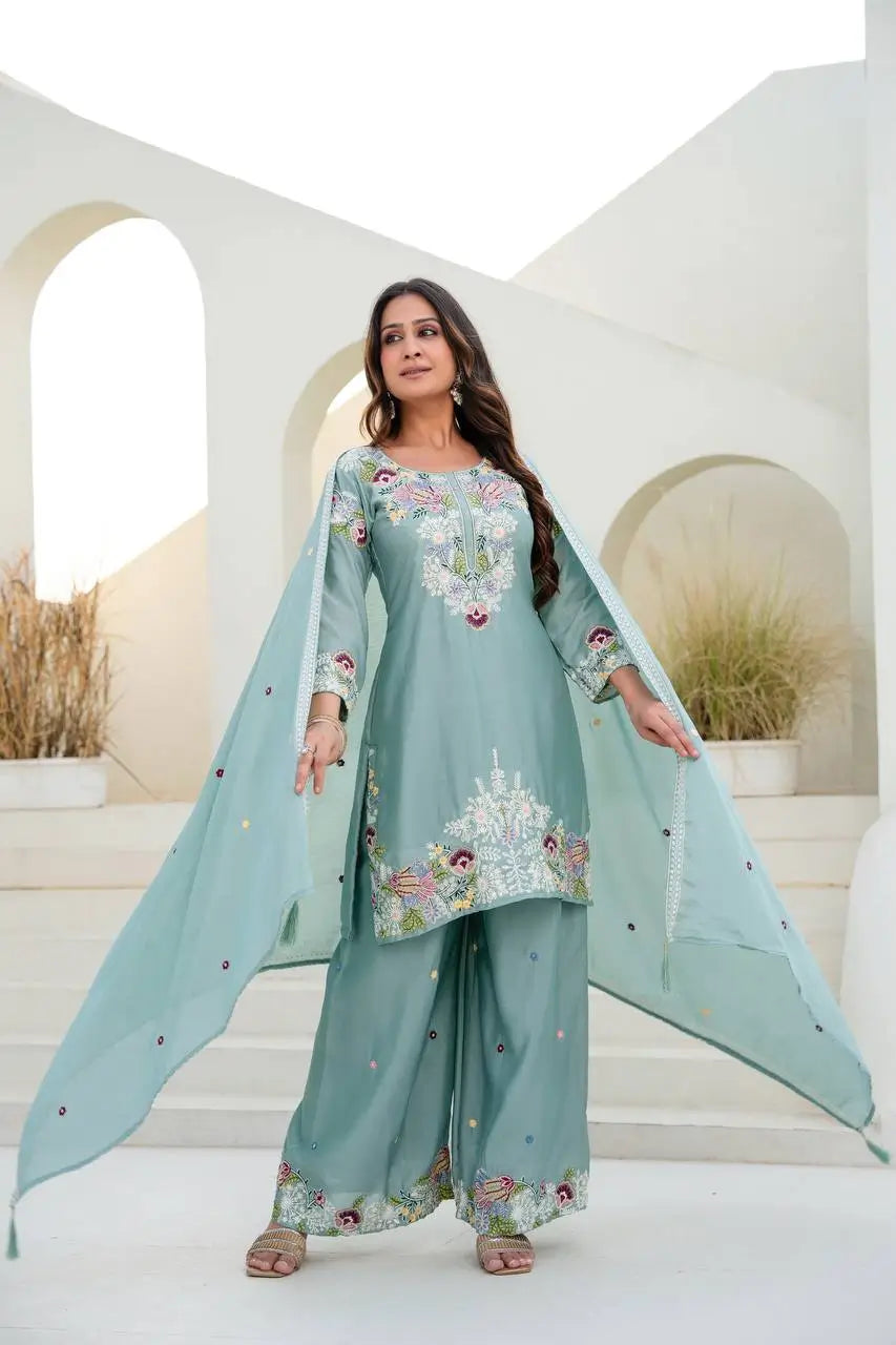 Dusty Pink & Lavender Chinon Embroidered Palazzo Suit Set with Zardosi Hand Work Dupatta
