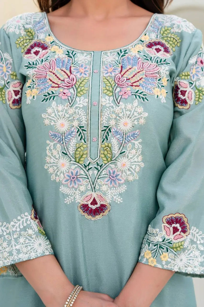 Dusty Pink & Lavender Chinon Embroidered Palazzo Suit Set with Zardosi Hand Work Dupatta