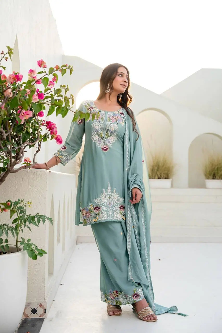 Dusty Pink & Lavender Chinon Embroidered Palazzo Suit Set with Zardosi Hand Work Dupatta
