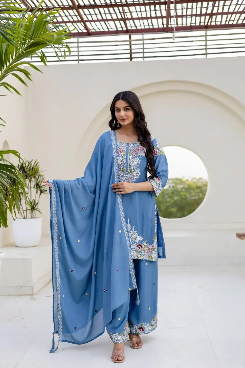 Dusty Pink & Lavender Chinon Embroidered Palazzo Suit Set with Zardosi Hand Work Dupatta