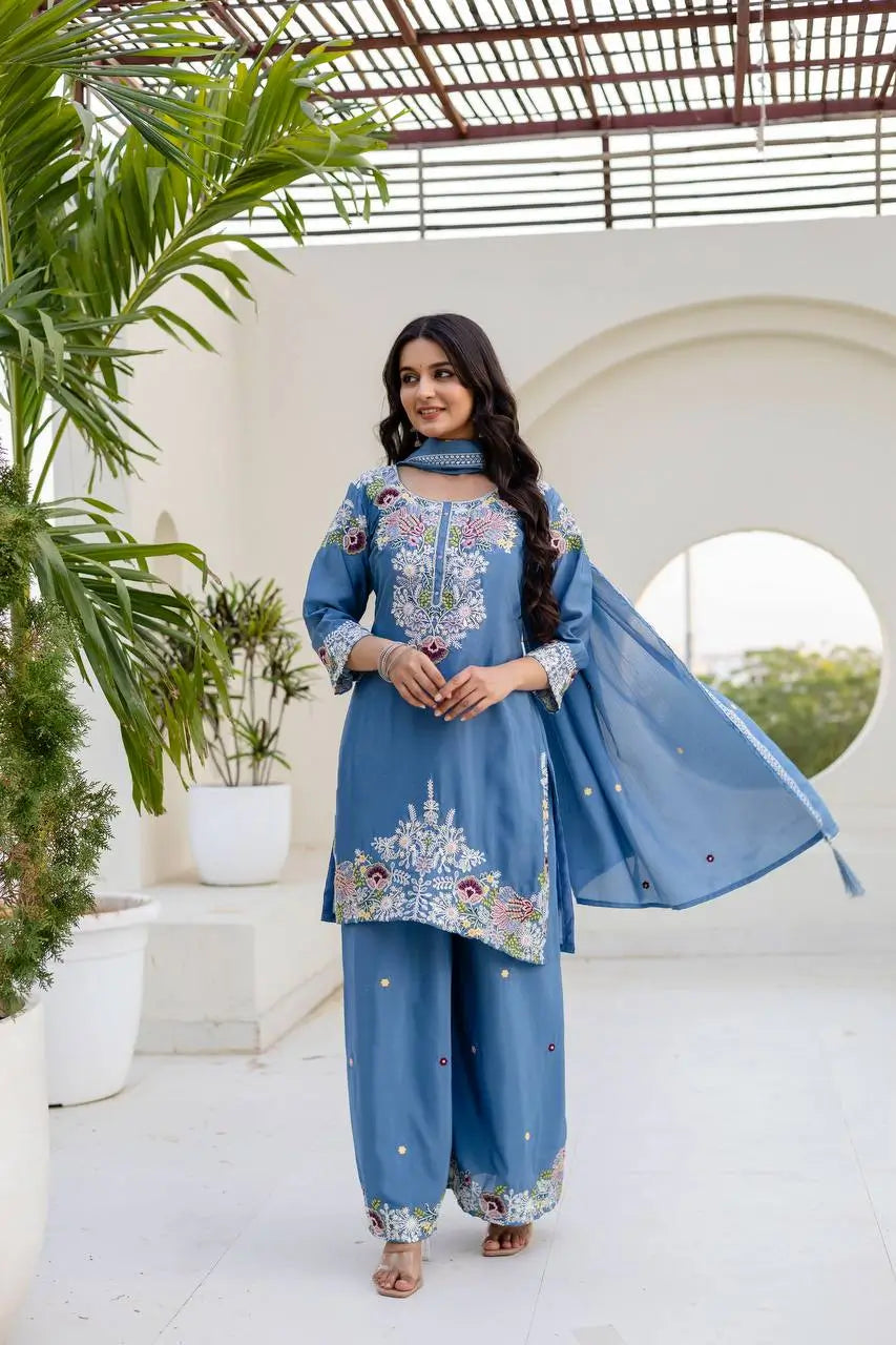 Dusty Pink & Lavender Chinon Embroidered Palazzo Suit Set with Zardosi Hand Work Dupatta