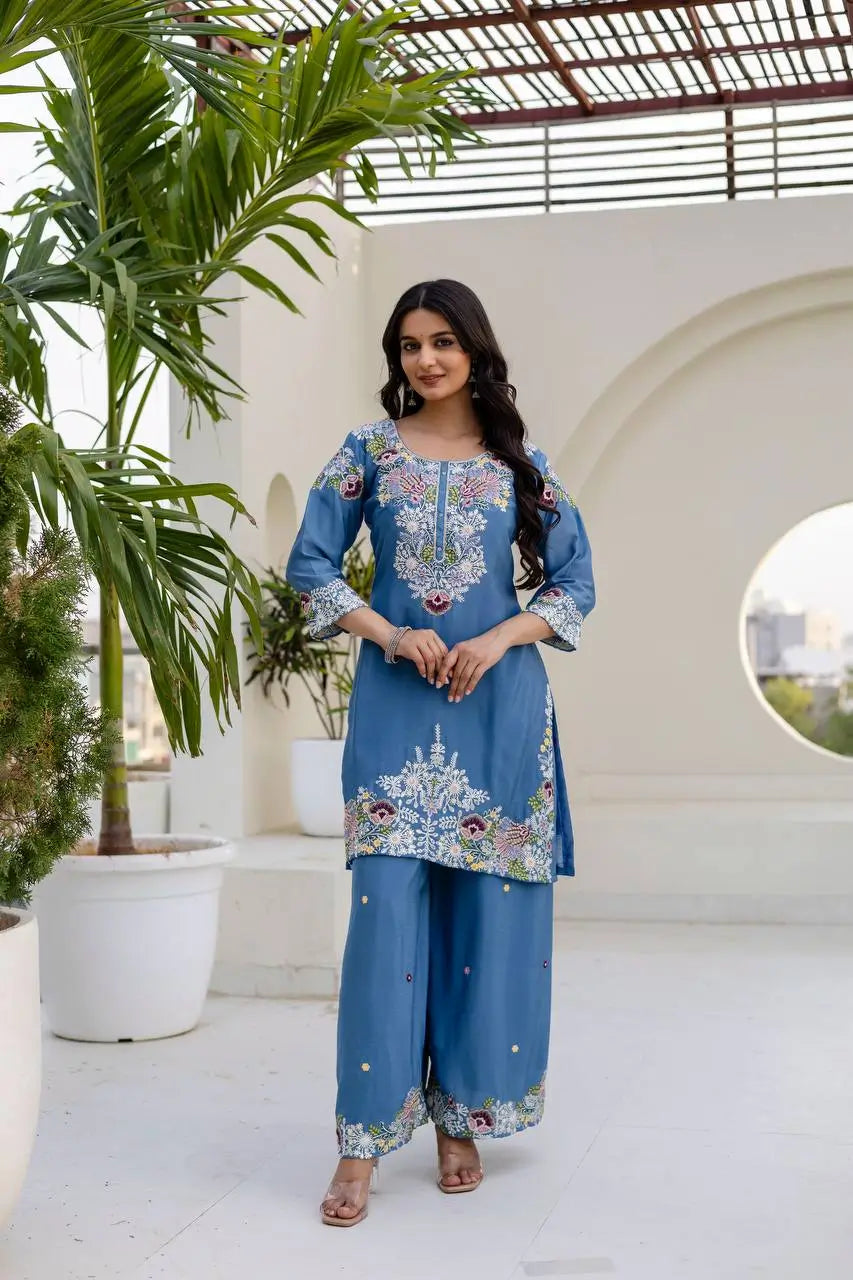 Dusty Pink & Lavender Chinon Embroidered Palazzo Suit Set with Zardosi Hand Work Dupatta