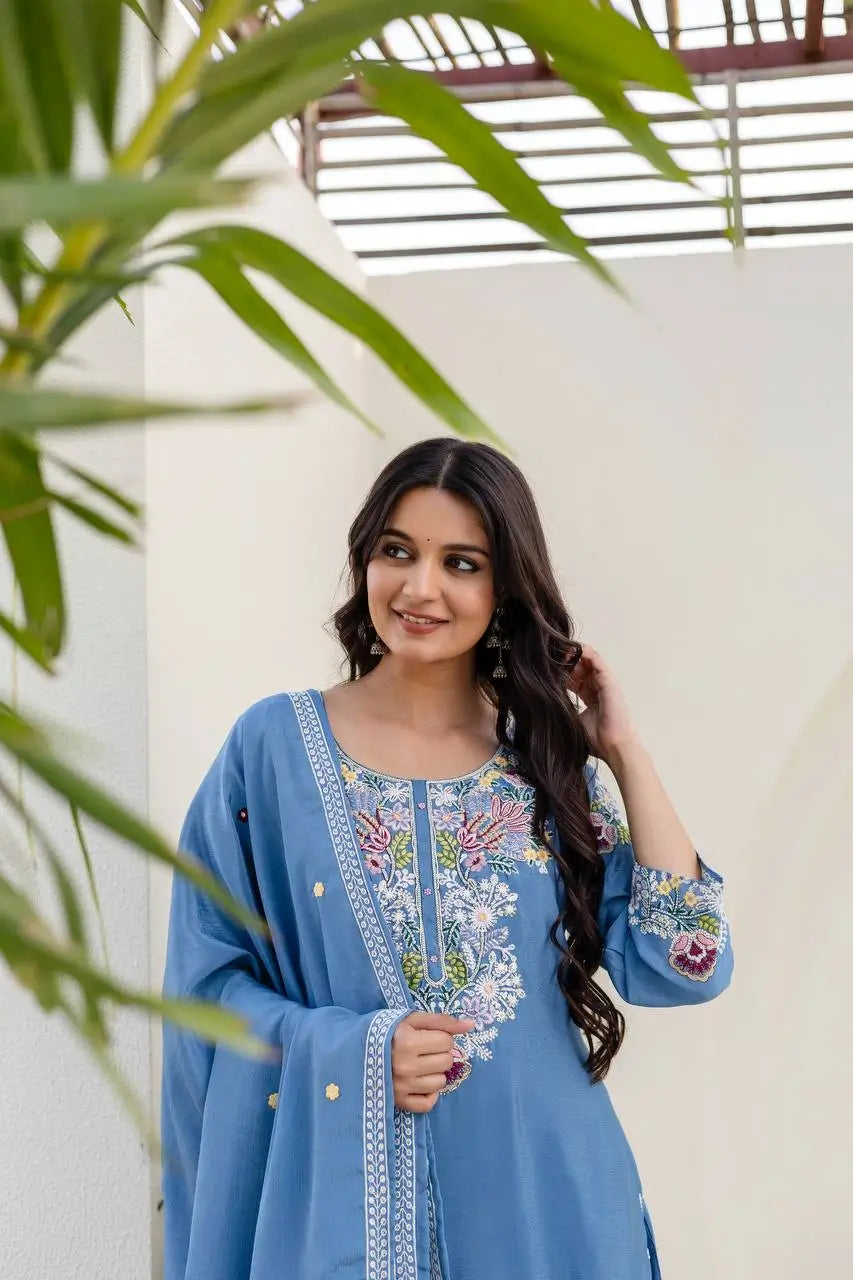 Dusty Pink & Lavender Chinon Embroidered Palazzo Suit Set with Zardosi Hand Work Dupatta