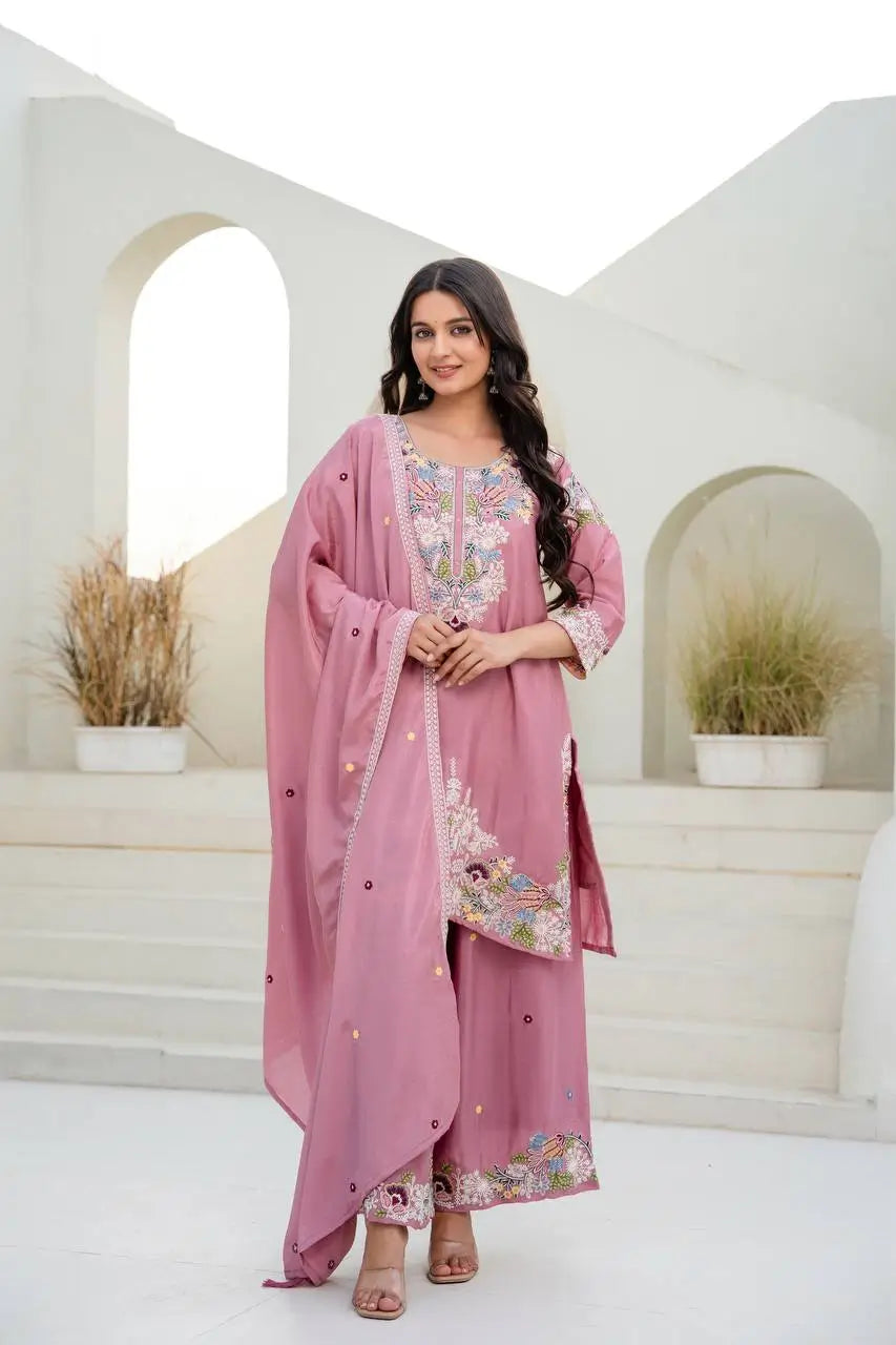 Dusty Pink & Lavender Chinon Embroidered Palazzo Suit Set with Zardosi Hand Work Dupatta