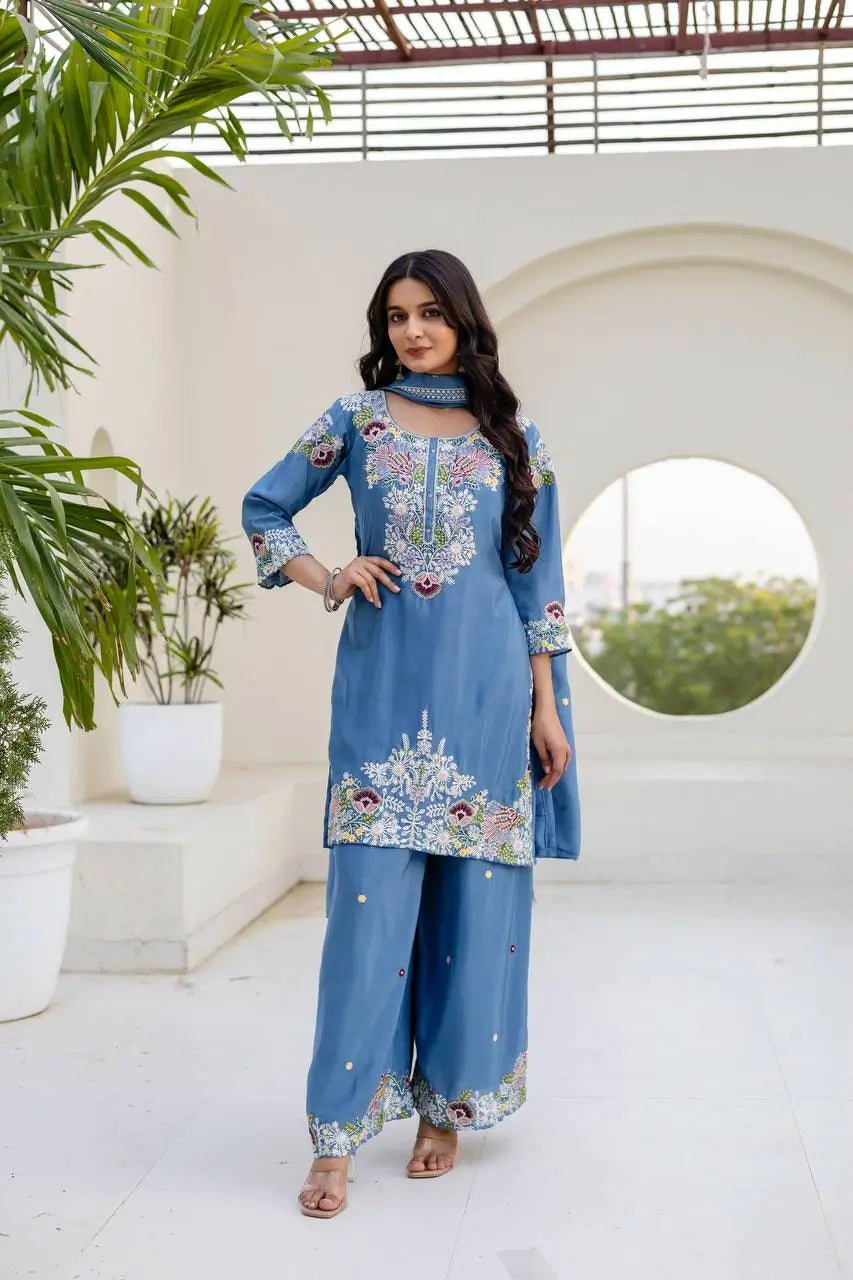 Dusty Pink & Lavender Chinon Embroidered Palazzo Suit Set with Zardosi Hand Work Dupatta