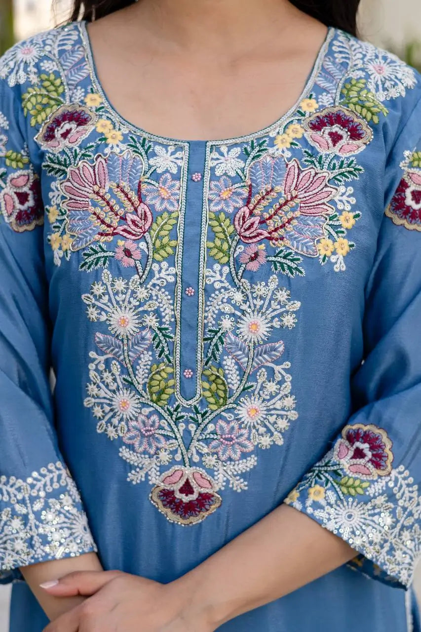 Dusty Pink & Lavender Chinon Embroidered Palazzo Suit Set with Zardosi Hand Work Dupatta