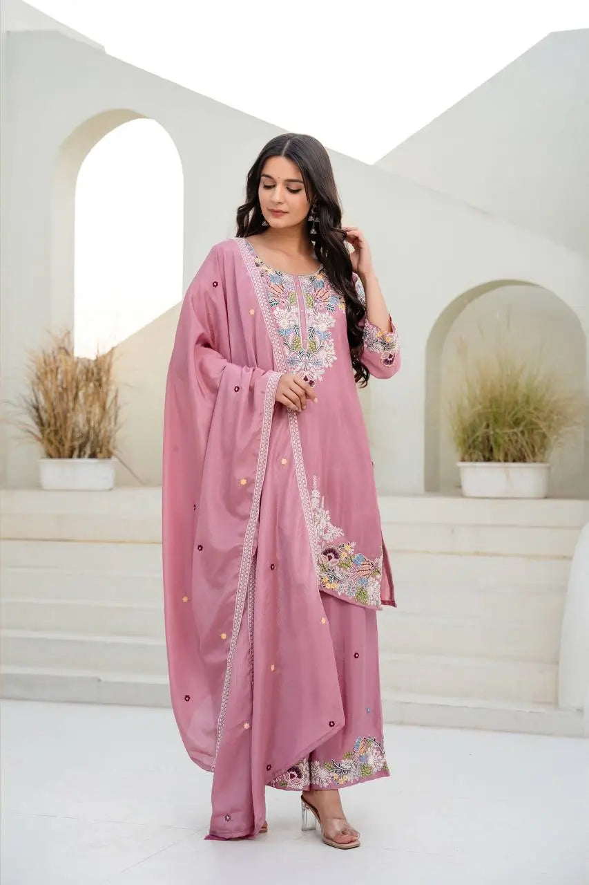 Dusty Pink & Lavender Chinon Embroidered Palazzo Suit Set with Zardosi Hand Work Dupatta