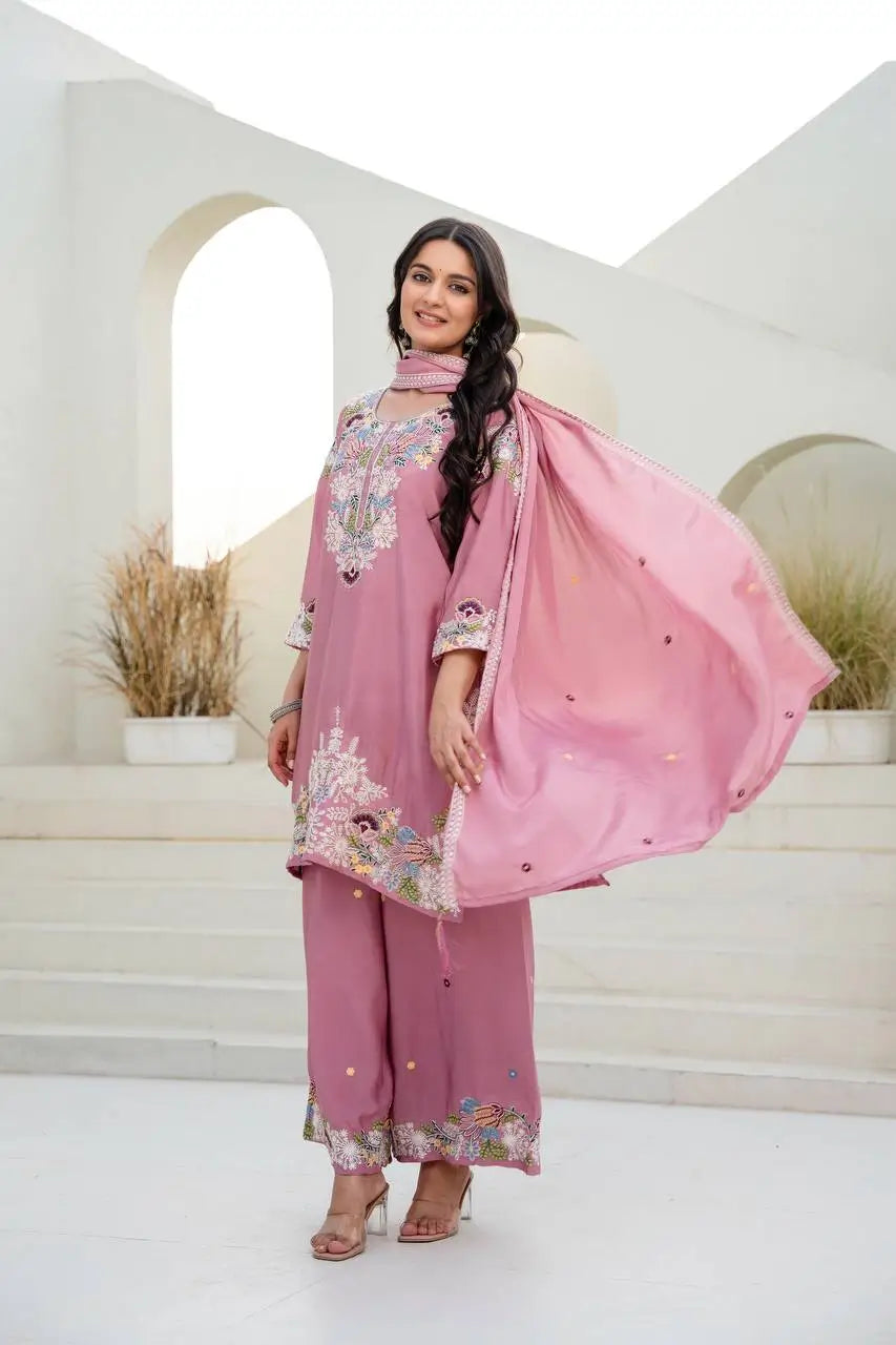 Dusty Pink & Lavender Chinon Embroidered Palazzo Suit Set with Zardosi Hand Work Dupatta