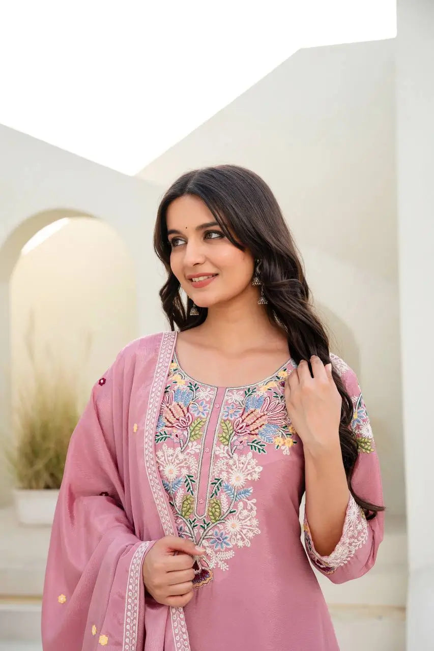Dusty Pink & Lavender Chinon Embroidered Palazzo Suit Set with Zardosi Hand Work Dupatta
